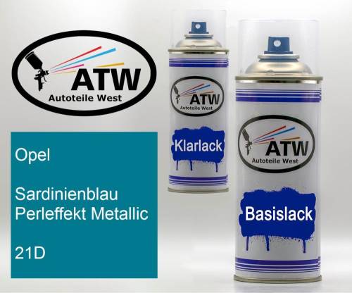 Opel, Sardinienblau Perleffekt Metallic, 21D: 400ml Sprühdose + 400ml Klarlack - Set, von ATW Autoteile West.